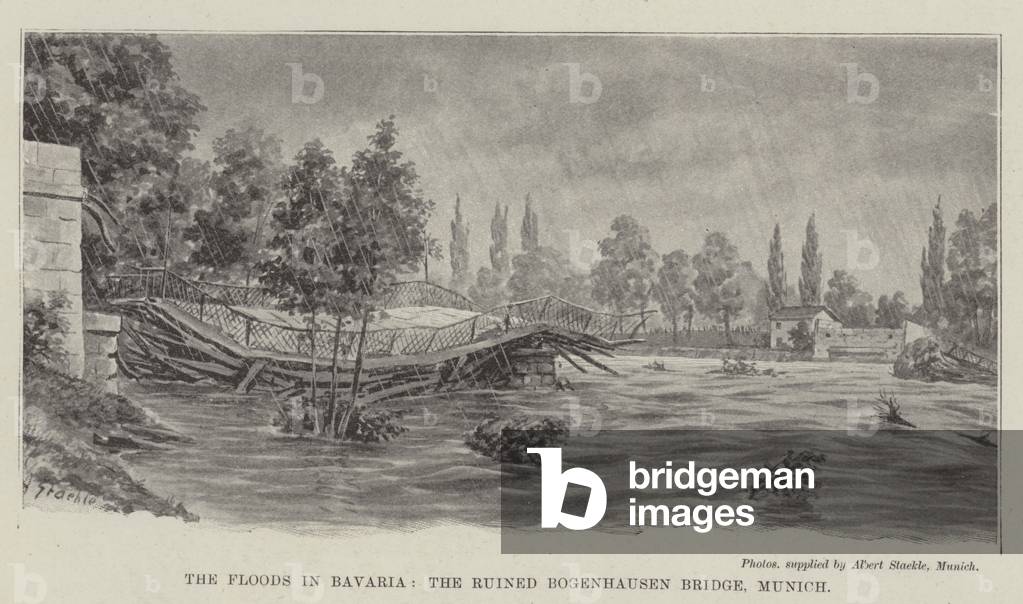The Floods in Bavaria, the Ruined Bogenhausen Bridge, Munich (litho)