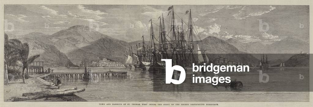 Town and Harbour of St Thomas, West Indies, the Scene of the Recent Destructive Hurricane (engraving)