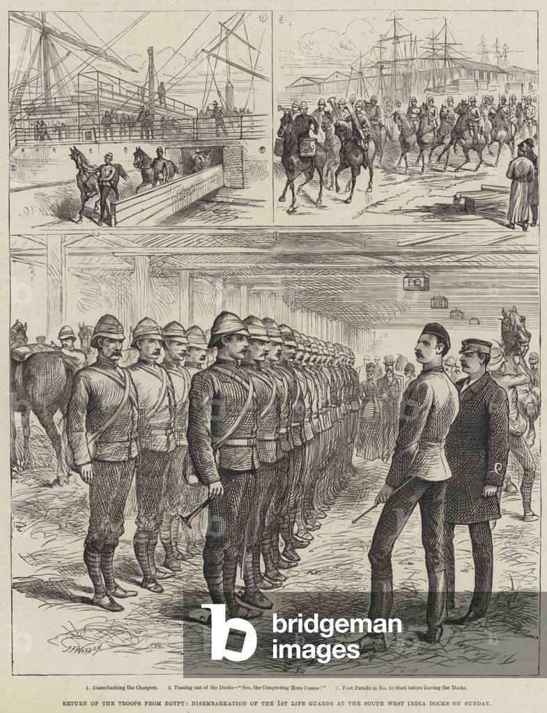 Return of the Troops from Egypt, Disembarkation of the 1st Life Guards at the South West India Docks on Sunday (engraving)