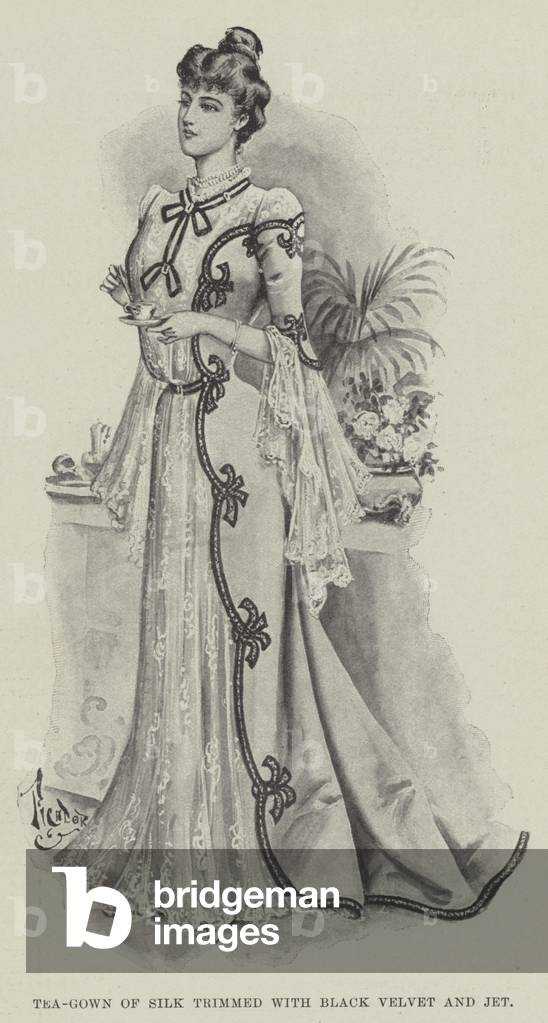 Tea-Gown of Silk trimmed with Black Velvet and Jet (litho)