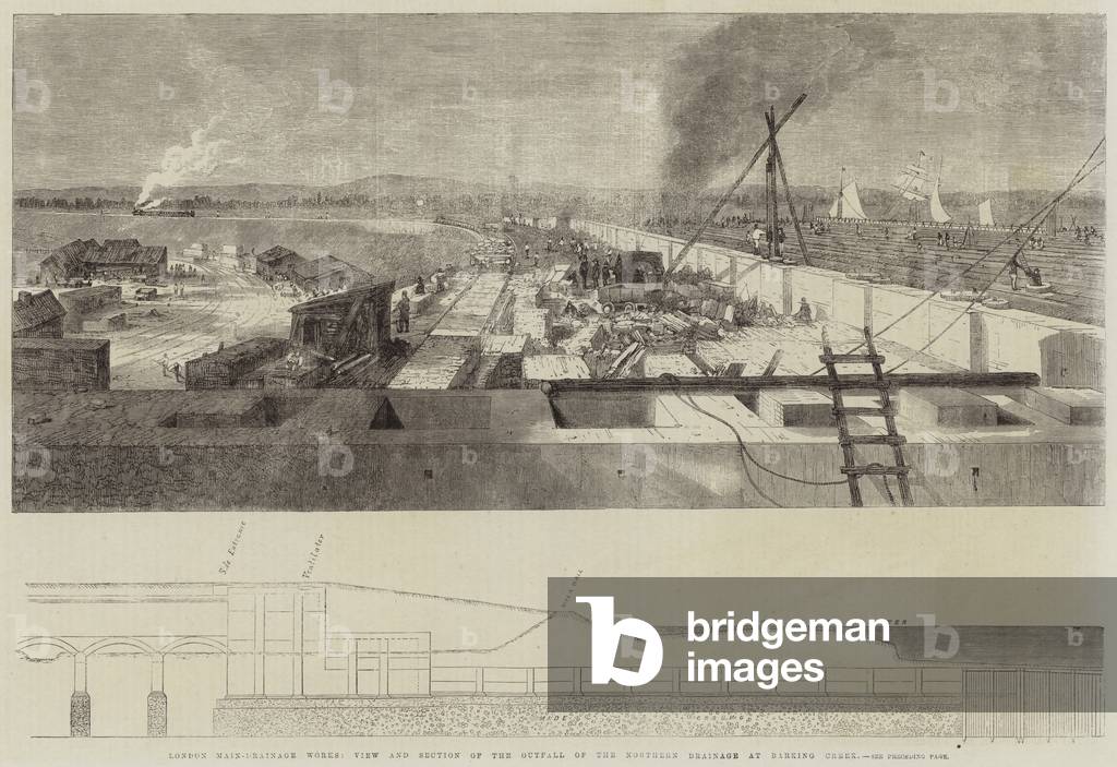London Main-Drainage Works, View and Section of the Outfall of the Northern Drainage at Barking Creek (engraving)