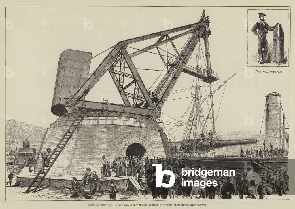 Disembarking the Italian Hundred-Ton Gun arrived at Spezia from Newcastle-on-Tyne (engraving)
