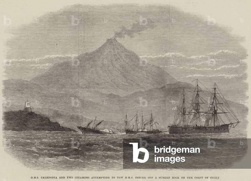 HMS Caledonia and Two Steamers attempting to tow HMS Psyche off a Sunken Rock on the Coast of Sicily (engraving)