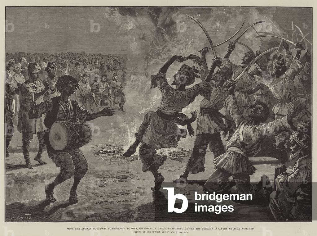 With the Afghan Boundary Commission, Bungra, or Khattuk Dance, performed by the 20th Punjaub Infantry at Bala Murghab (engraving)