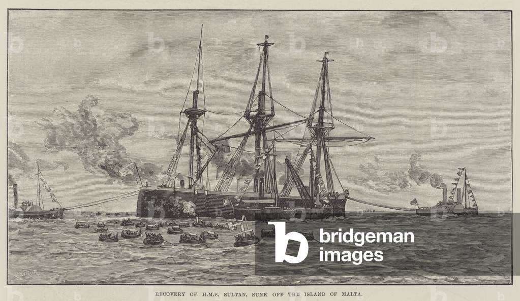 Recovery of HMS Sultan, sunk off the Island of Malta (engraving)