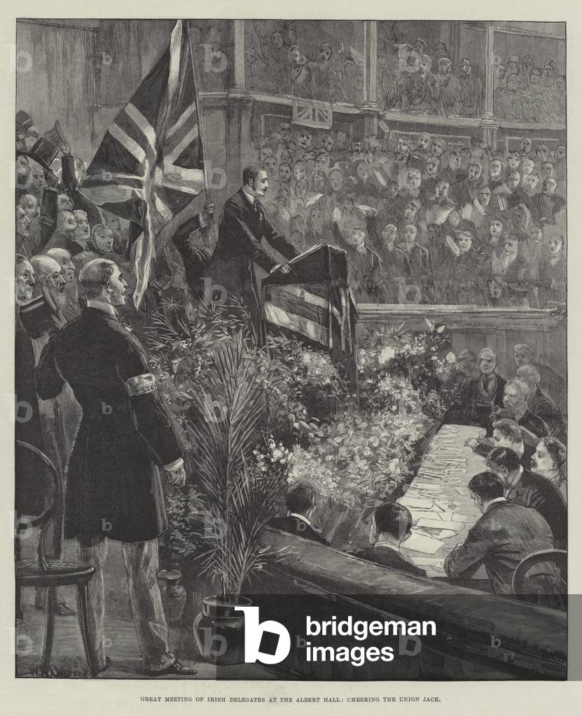 Great Meeting of Irish Delegates at the Albert Hall, cheering the Union Jack (engraving)