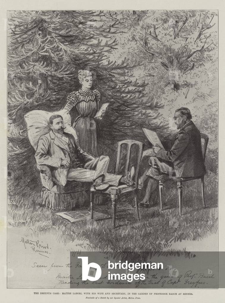 The Dreyfus Case, Maitre Labori, with his Wife and Secretary, in the Garden of Professor Basch at Rennes (engraving)