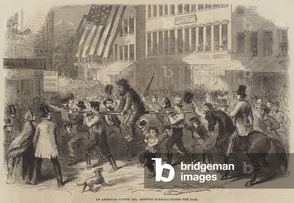An American Editor (Mr Ambrose Kimball) riding the Rail (engraving)