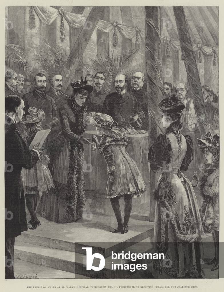 The Prince of Wales at St Mary's Hospital, Paddington, 17 December, Princess Maud receiving Purses for the Clarence Wing (engraving)