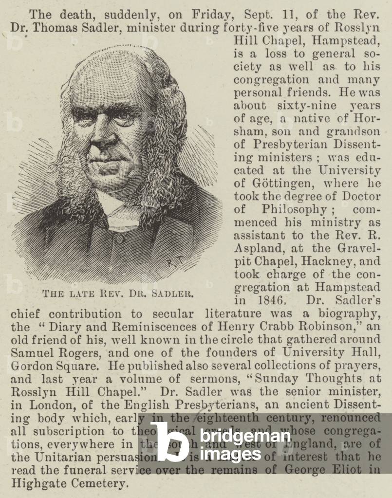 The late Reverend Dr Sadler (engraving)