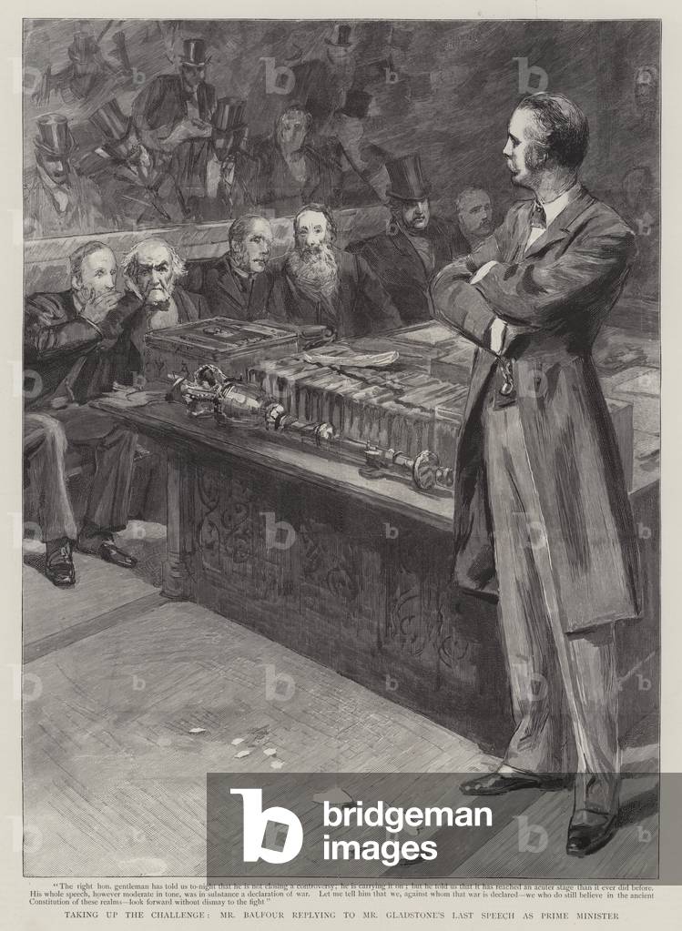 Mr Balfour replying to Mr Gladstone's last speech as Prime Minister (engraving)