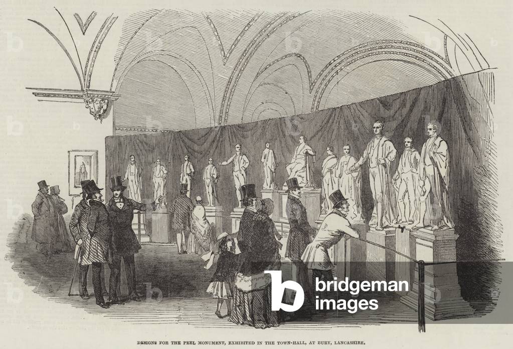 Designs for the Peel Monument, exhibited in the Town-Hall, at Bury, Lancashire (engraving)