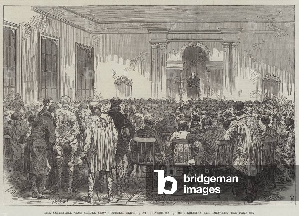 The Smithfield Club Cattle Show, Special Service, at Berners Hall, for Herdsmen and Drovers (engraving)