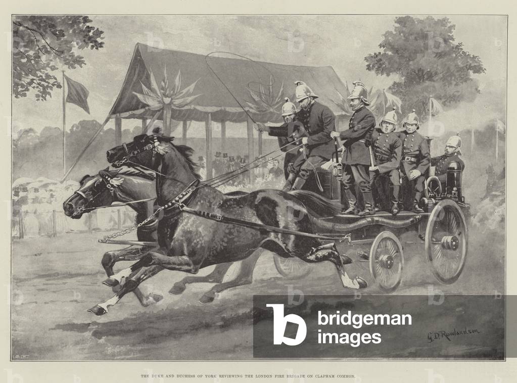 The Duke and Duchess of York reviewing the London Fire Brigade on Clapham Common (litho)