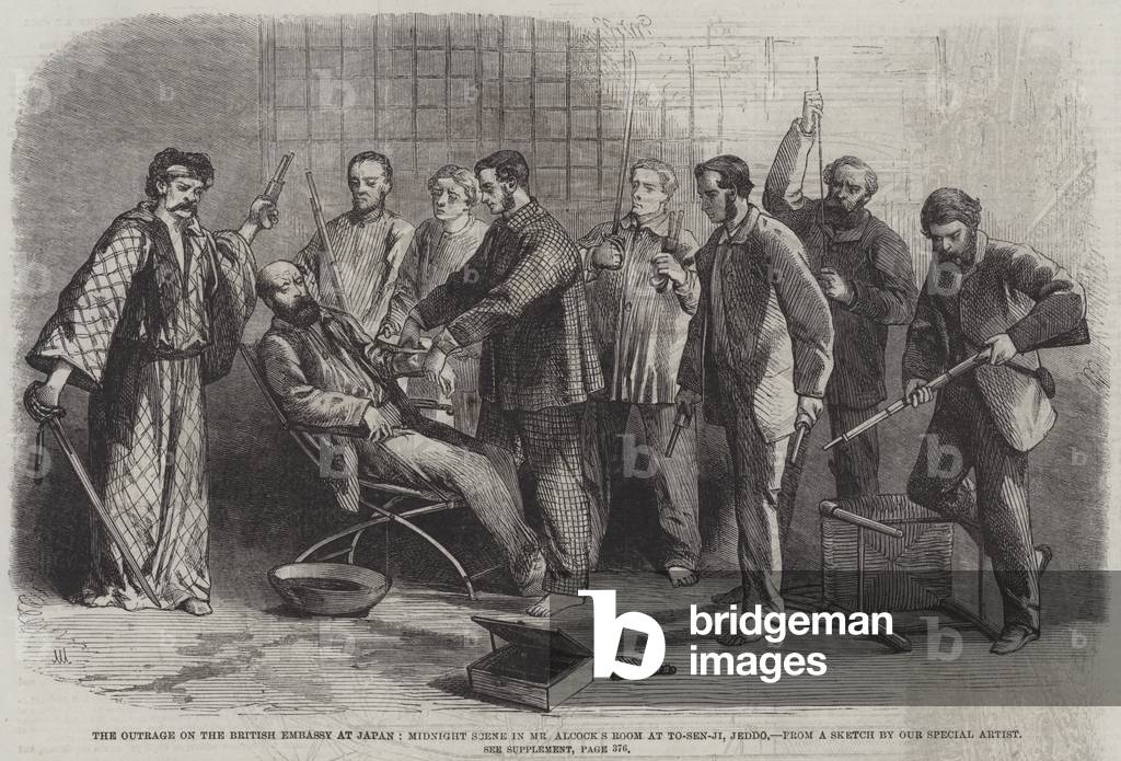The Outrage on the British Embassy at Japan, 1861, Midnight Scene in Mr Alcock's Room,  at To-Sen-Ji, Jeddo (engraving)