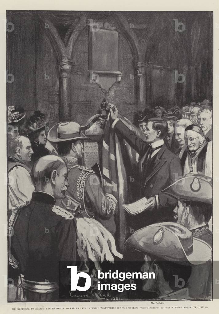 Mr Brodrick unveiling the Memorial to Fallen City Imperial Volunteers (of the Queen's Westminsters) in Westminster Abbey on 22 June (litho)