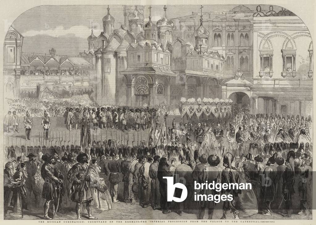 The Russian Coronation, Courtyard of the Kremlin, the Imperial Procession from the Palace to the Cathedral (engraving)