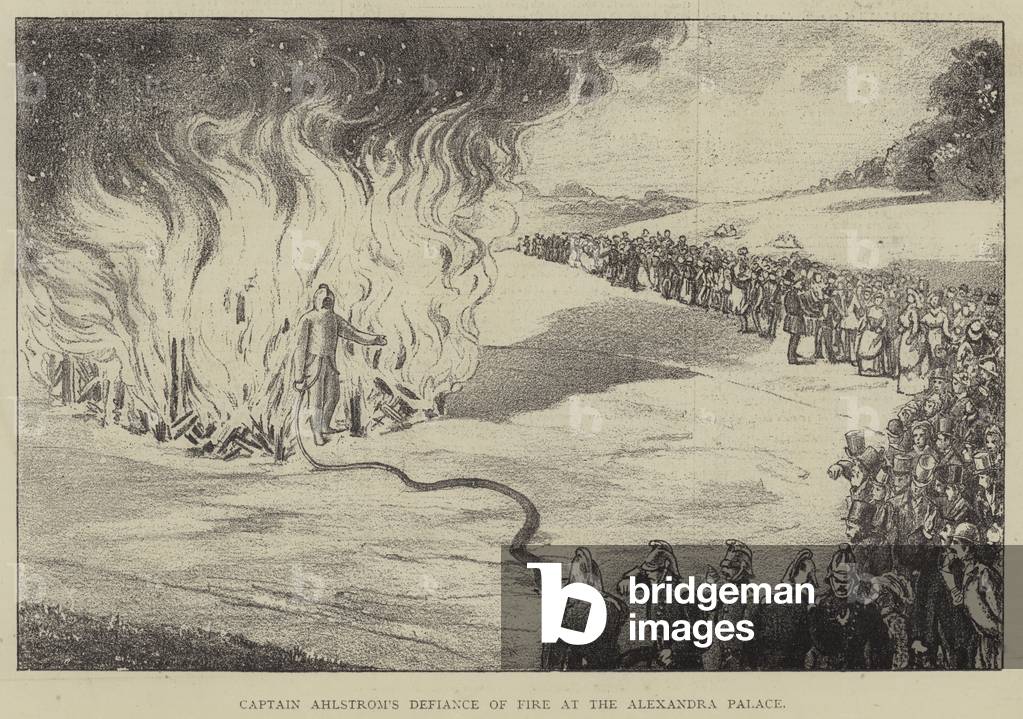Captain Ahlstrom's Defiance of Fire at the Alexandra Palace (engraving)