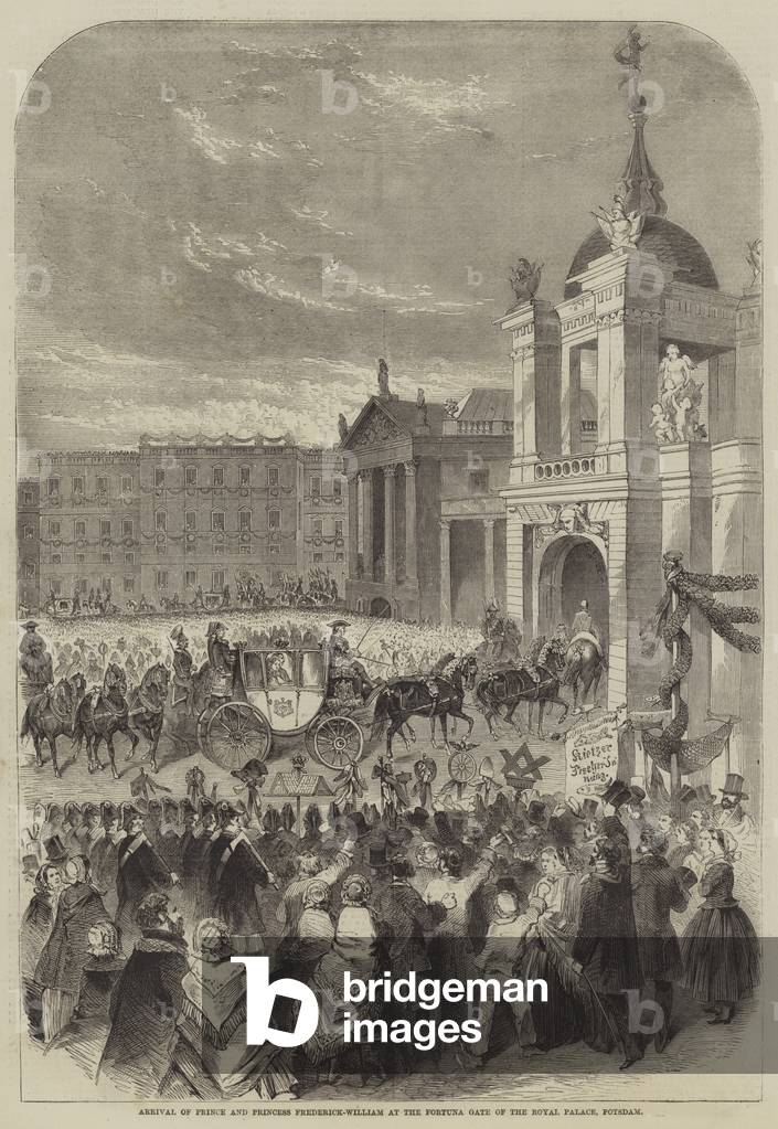 Arrival of Prince and Princess Frederick-William at the Fortuna Gate of the Royal Palace, Potsdam (engraving)