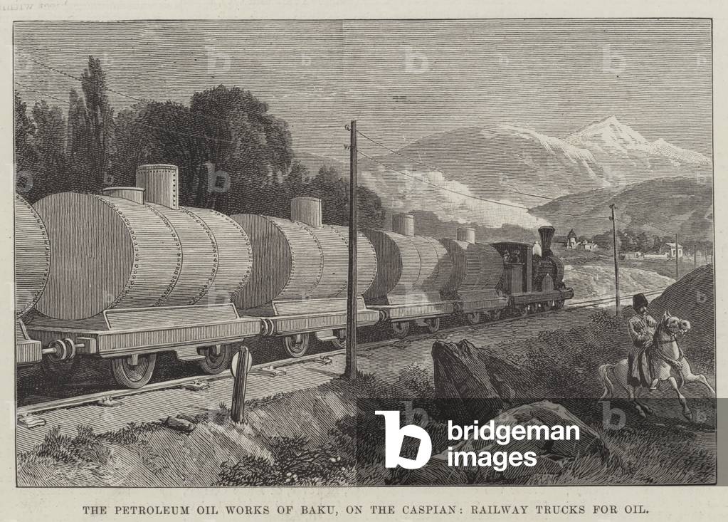 The Petroleum Oil Works of Baku, on the Caspian, Railway Trucks for Oil (engraving)