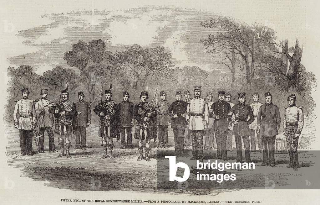 Pipers, etc, of the Royal Renfrewshire Militia (engraving)