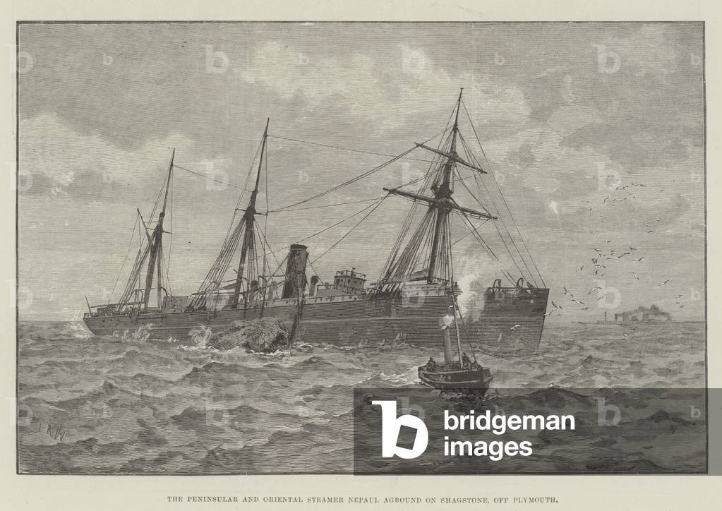 The Peninsular and Oriental Steamer Nepaul aground on Shagstone, off Plymouth (engraving)