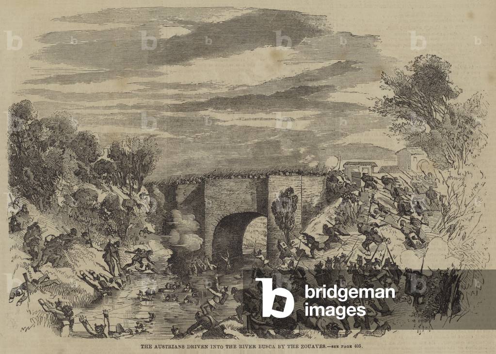 The Austrians driven into the River Busca by the Zouaves (engraving)