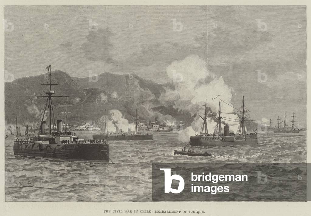 The Civil War in Chile, Bombardment of Iquique (engraving)