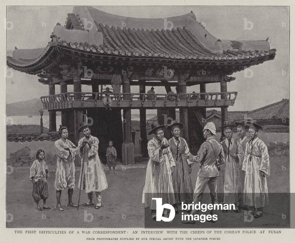 The First Difficulties of a War Correspondent, an Interview with the Chiefs of the Corean Police at Fusan (litho)