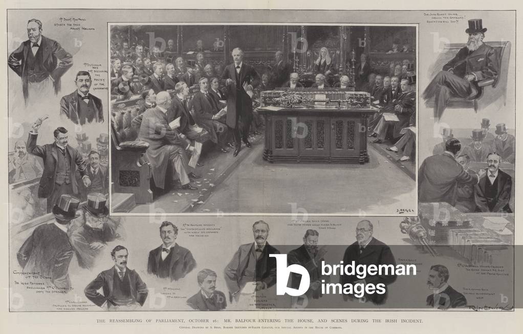 The Reassembling of Parliament, 16 October, Mr Balfour entering the House, and Scenes during the Irish Incident (litho)