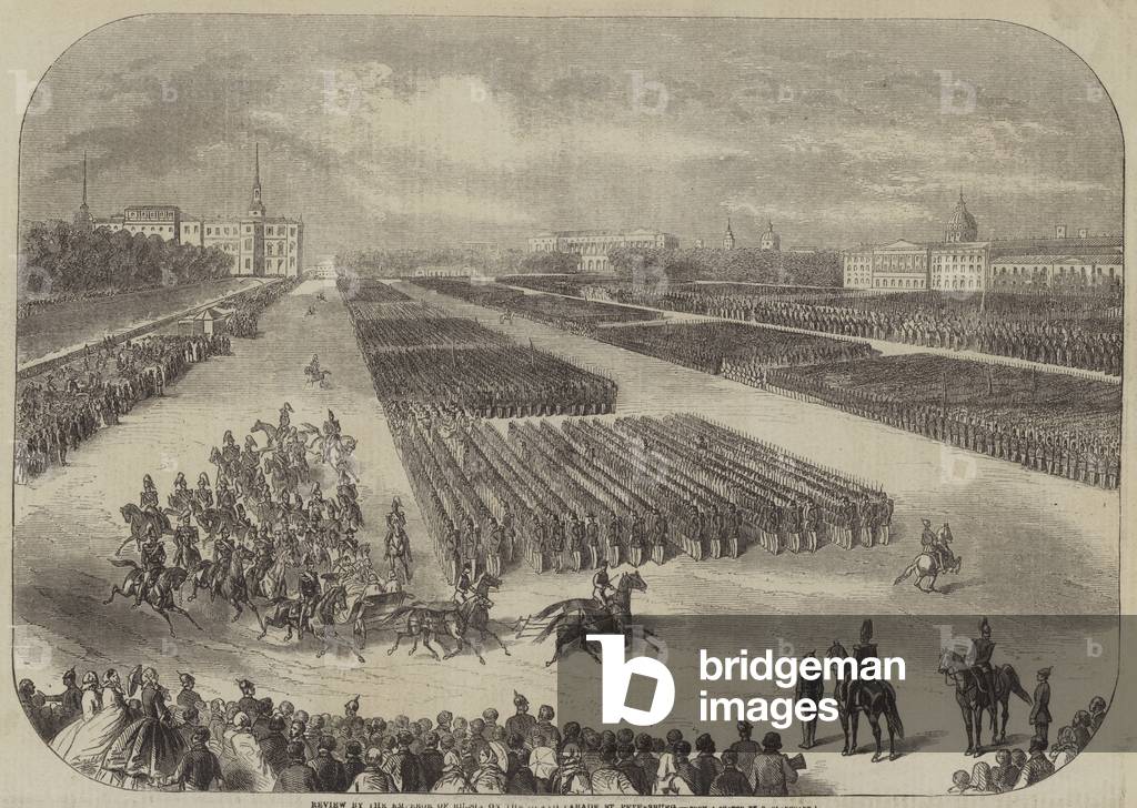 Review by the Emperor of Russia on the Grand Parade, St Petersburg (engraving)