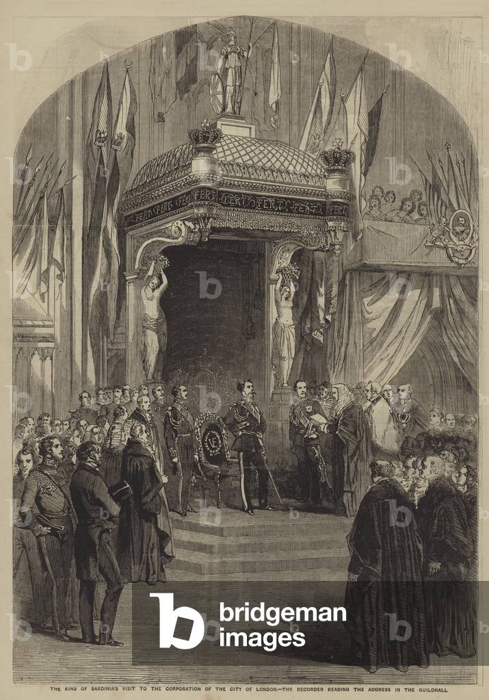 The King of Sardinia's Visit to the Corporation of the City of London, the Recorder reading  (engraving)