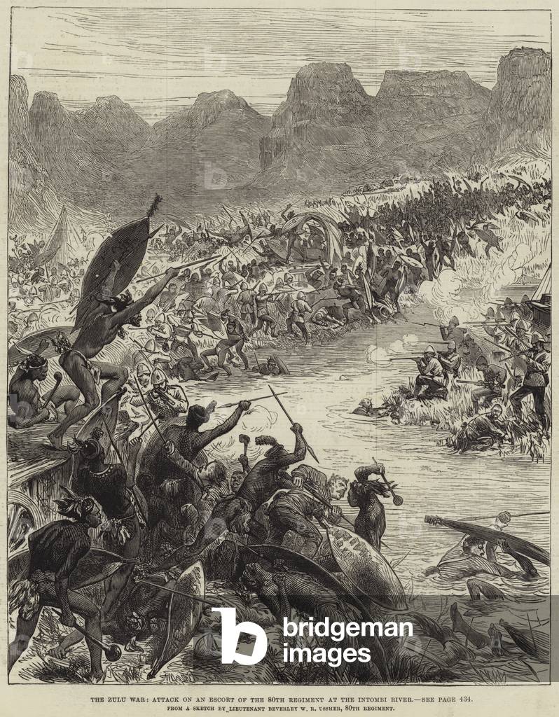 The Zulu War, Attack on an Escort of the 80th Regiment at the Intombi River (engraving)