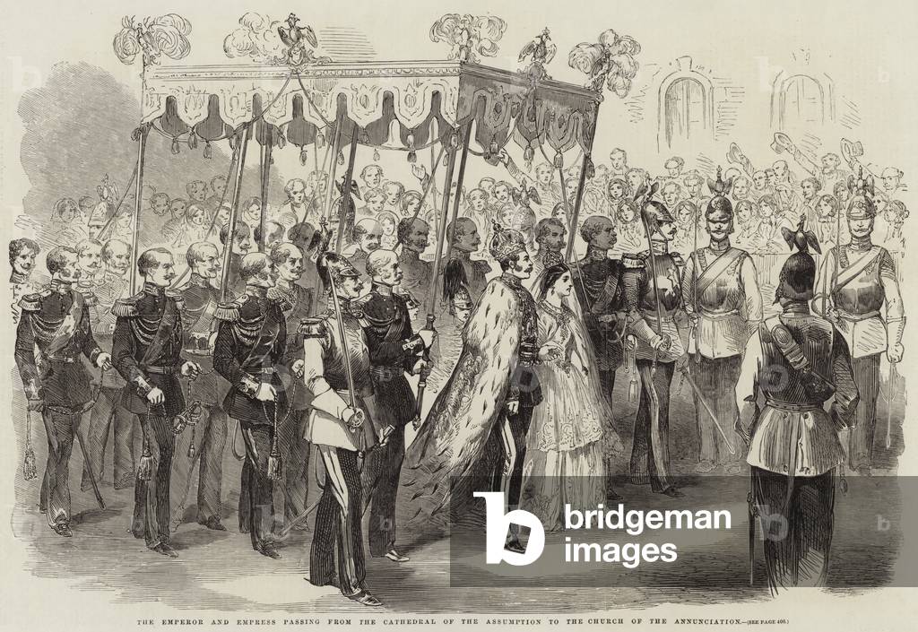Coronation of the Emperor of Russia, the Emperor and Empress passing from the Cathedral of the Assumption to the Church of the Annunciation (engraving)