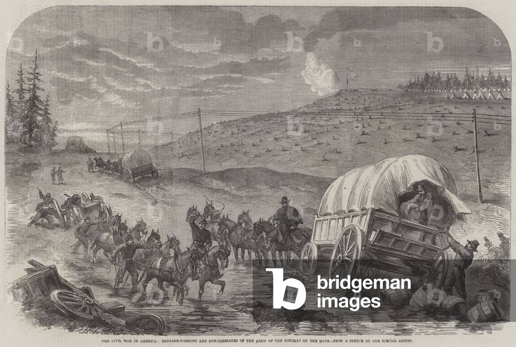 The Civil War in America, Baggage-Waggons and Gun-Carriages of the Army of the Potomac, 1862 (engraving)