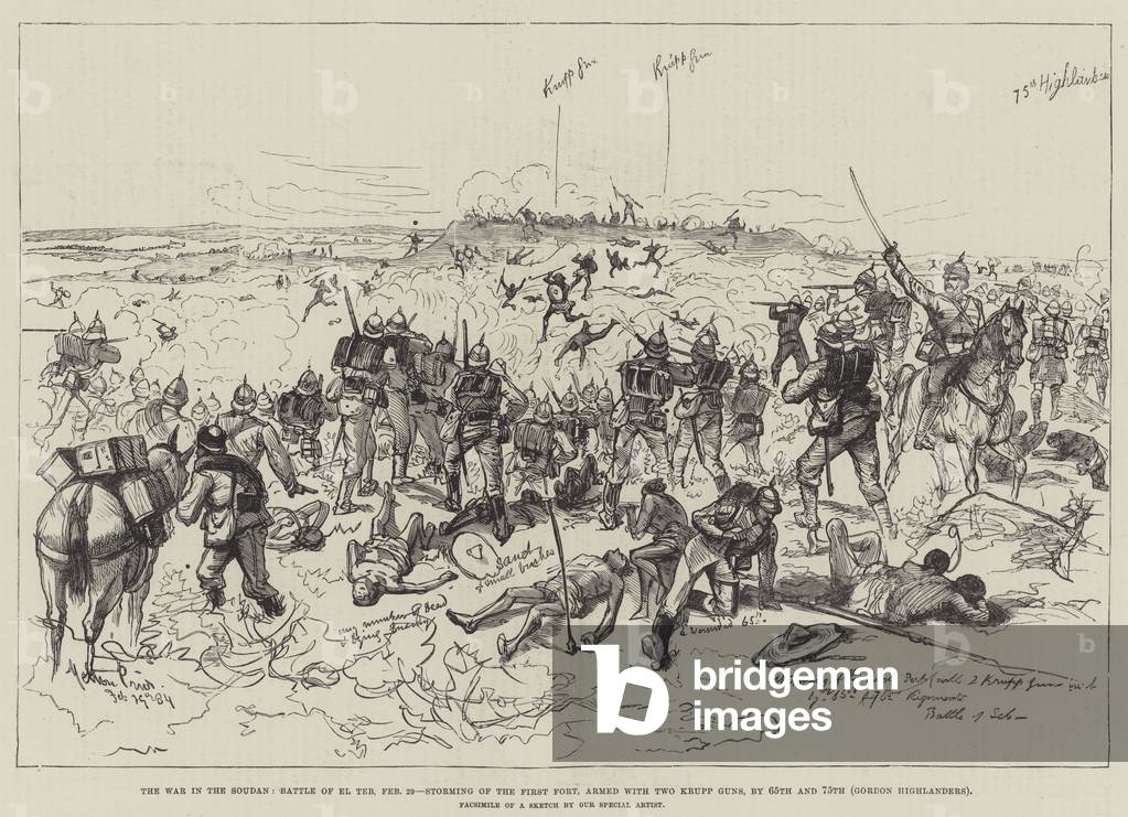 The War in the Soudan, Battle of El Teb, 29 February, storming of the First Fort, armed with Two Krupp Guns, by 65th and 75th, Gordon Highlanders (engraving)