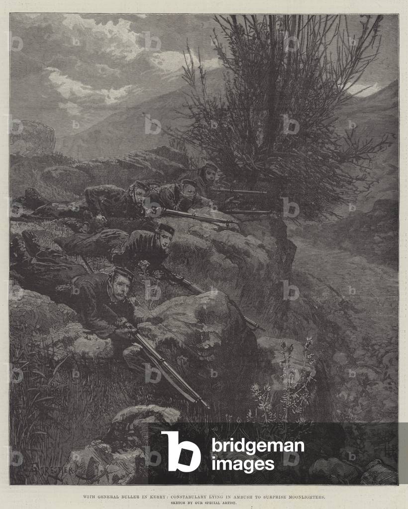 With General Buller in Kerry, Constabulary lying in Ambush to surprise Moonlighters (engraving)