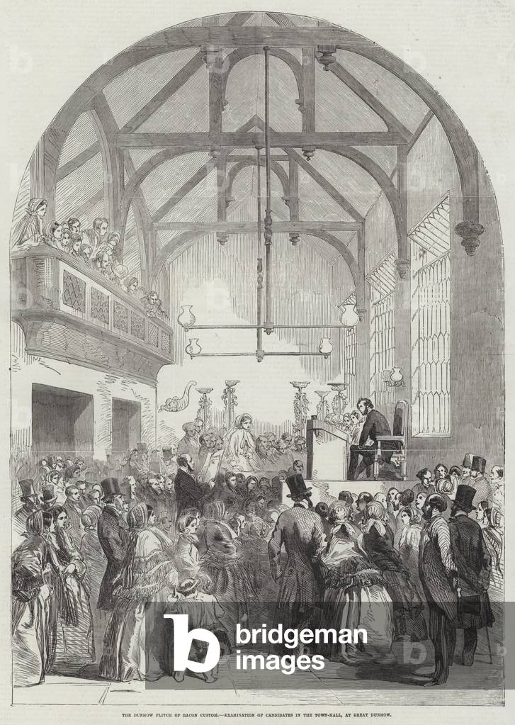 The Dunmow Flitch of Bacon Custom, Examination of Candidates in the Town-Hall, at Great Dunmow (engraving)