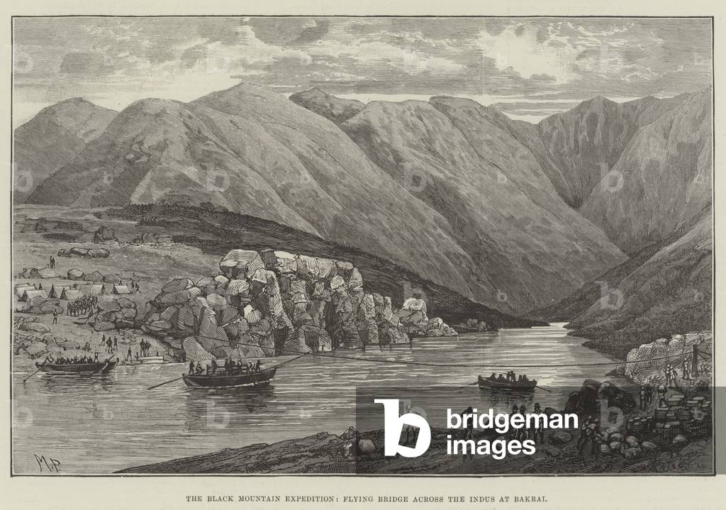 The Black Mountain Expedition, Flying Bridge across the Indus at Bakrai (engraving)
