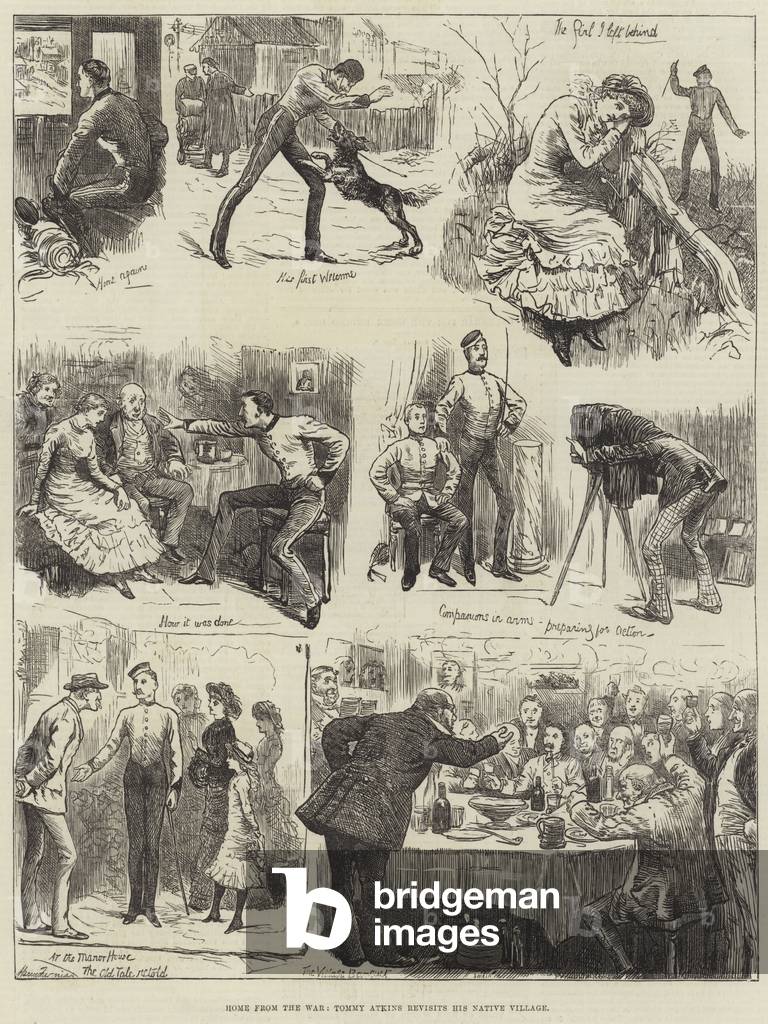 Home from the War, Tommy Atkins revisits his Native Village (engraving)