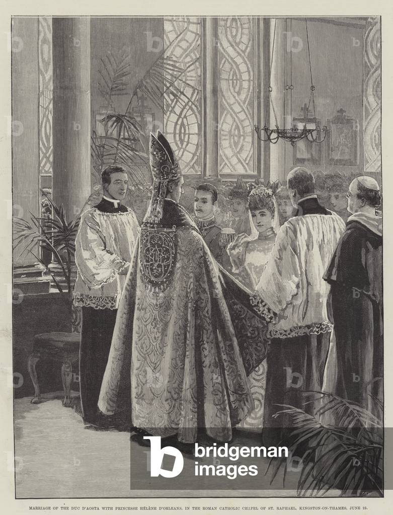 Marriage of the Duc d'Aosta with Princesse Helene d'Orleans, in the Roman Catholic Chapel of St Raphael, Kingston-on-Thames, 25 June (engraving)