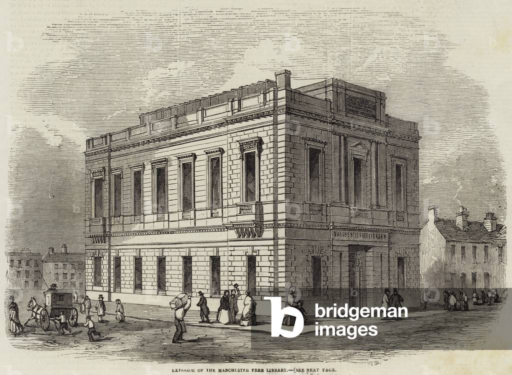 Exterior of the Manchester Free Library (engraving)
