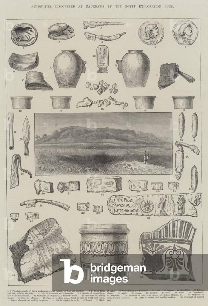 Antiquities discovered at Naukratis by the Egypt Exploration Fund (engraving)