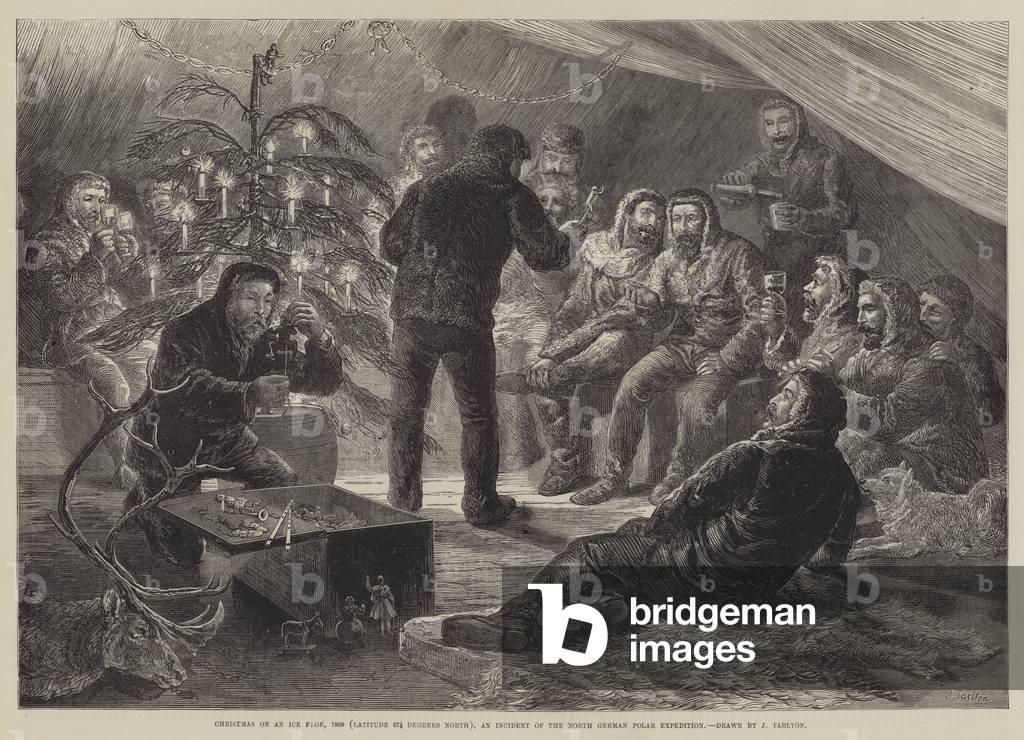 Christmas on an Ice Floe, 1869 (Latitude 67 1/2 Degrees North), an Incident of the North German Polar Expedition (engraving)