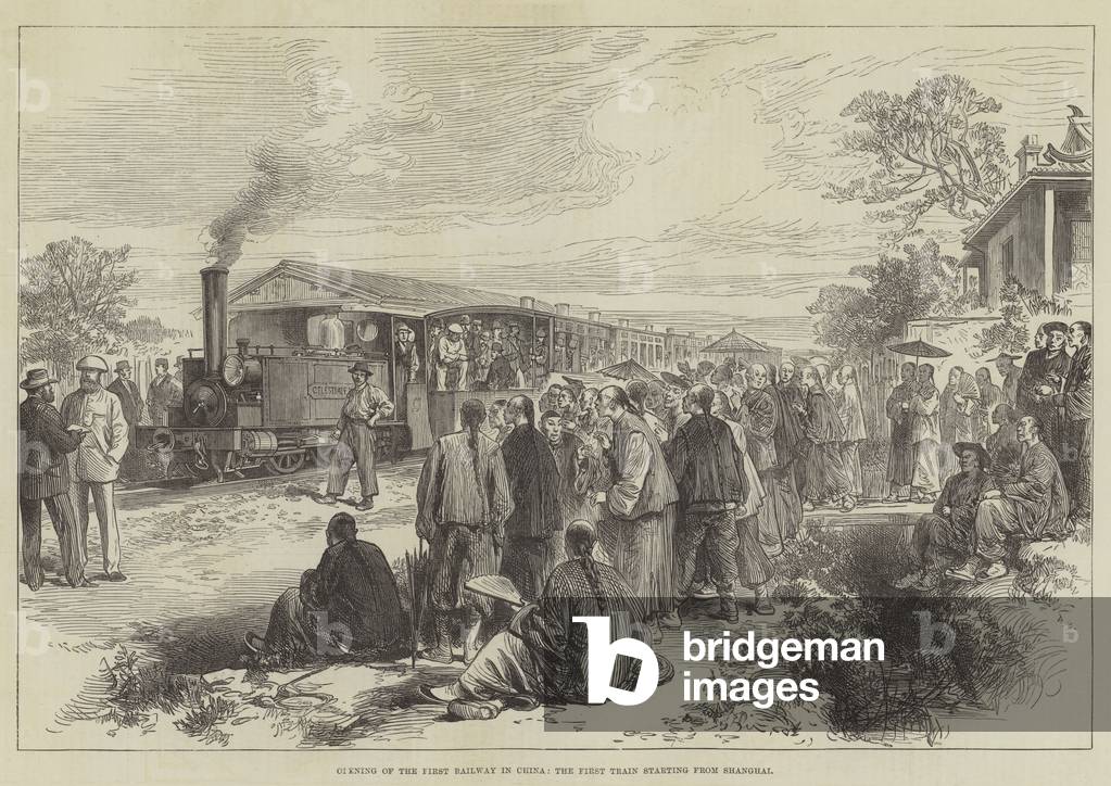 Opening of the First Railway in China, the First Train starting from Shanghai (engraving)