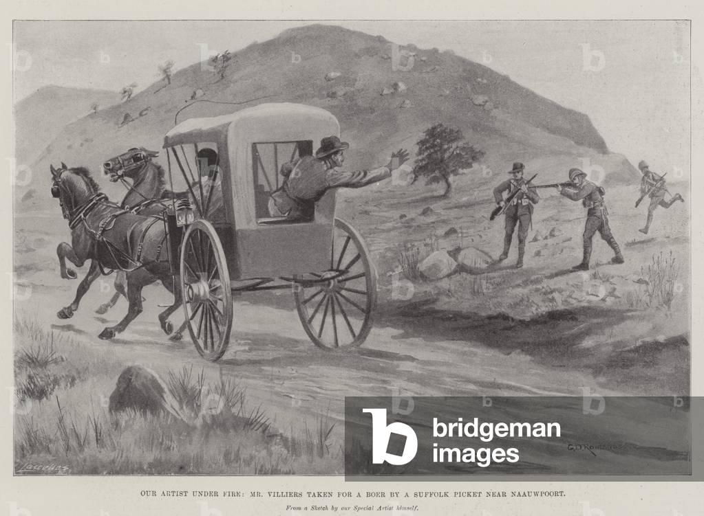 Our Artist under Fire, Mr Villiers taken for a Boar by a Suffolk Picket near Naauwpoort (litho)