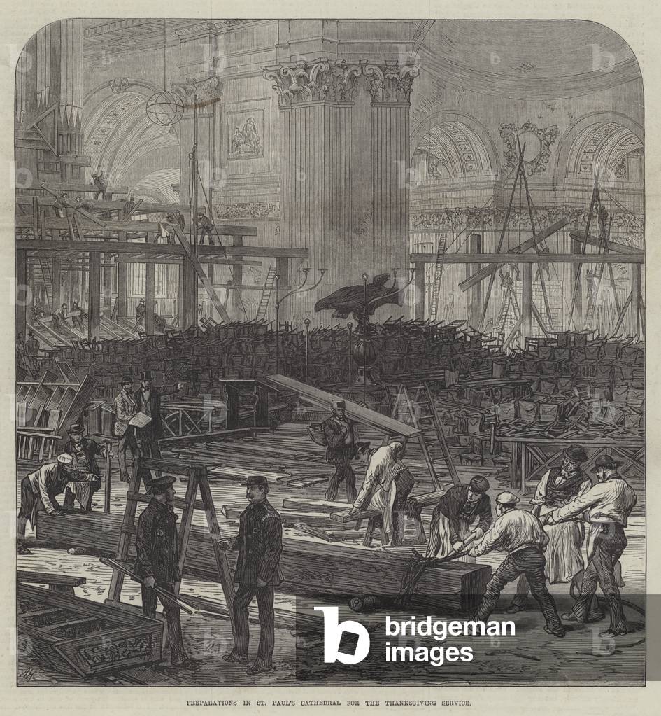 Preparations in St Paul's Cathedral for the Thanksgiving Service (engraving)