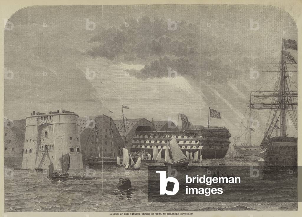 Launch of the Windsor Castle, 120 Guns, at Pembroke Dockyard (engraving)