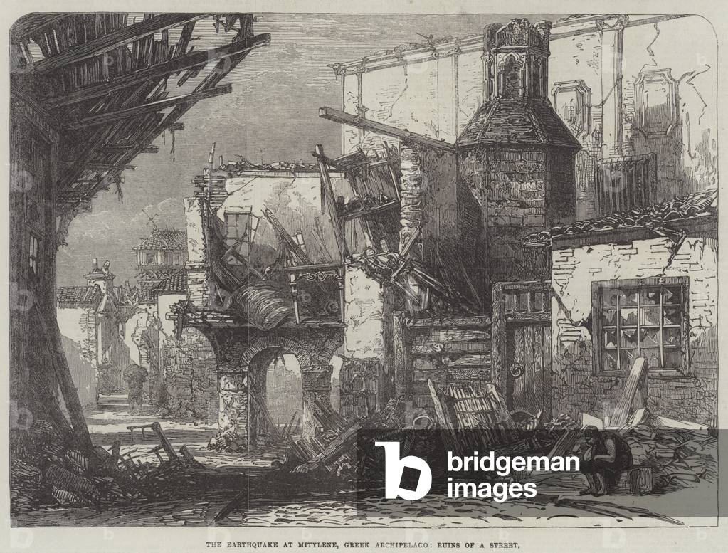 The Earthquake at Mitylene, Greek Archipelago, Ruins of a Street (engraving)