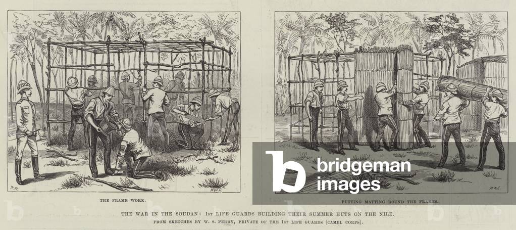 The War in the Soudan, 1st Life Guards building their Summer Huts on the Nile (engraving)
